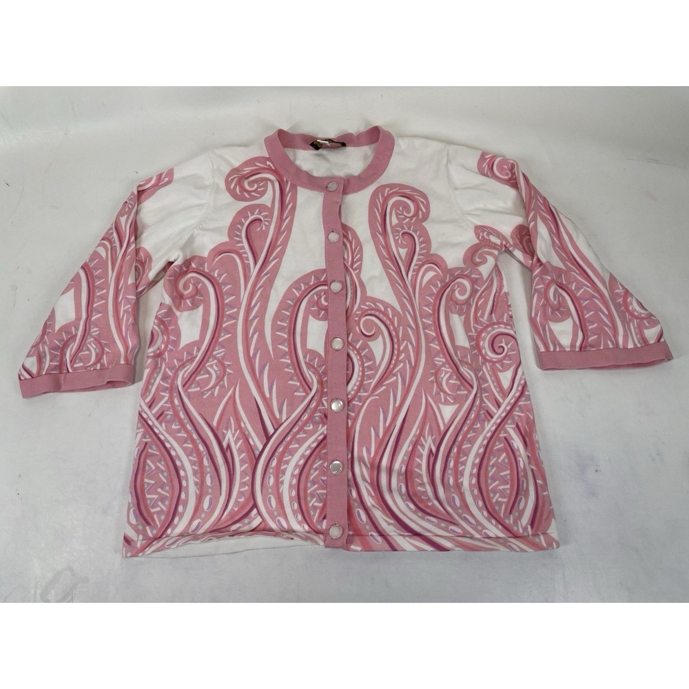 Bob Mackie Wearable Art Paisley Cardigan Sweater Womens Size M Pink White